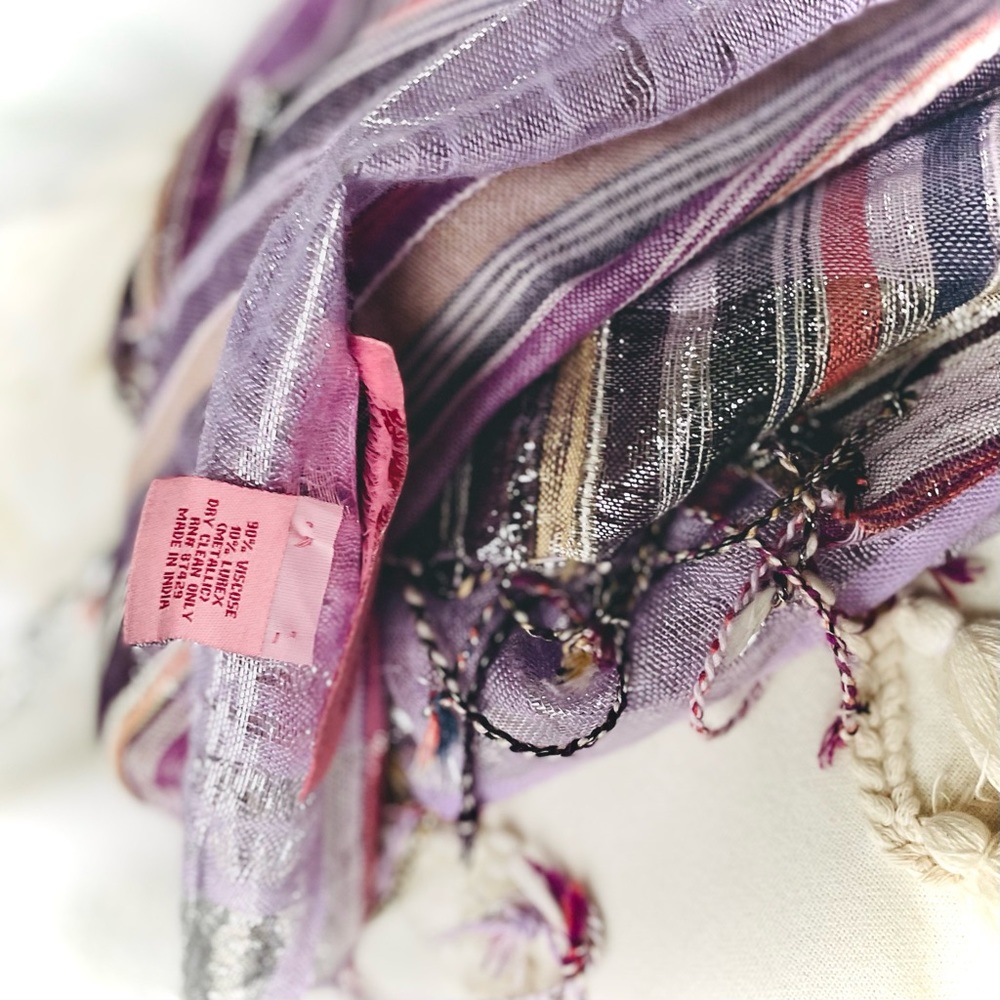 THEODORA & CALLUM | OS | Multi Monaco Metallic Purple Silver Fringe Stripe Scarf
